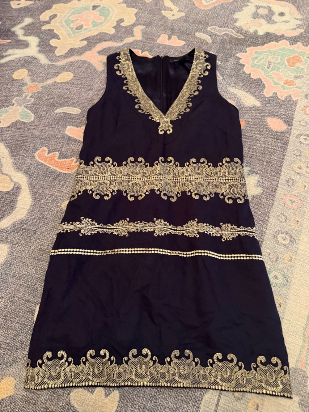 French Connection Black Mini Dress with Gold Embroidery